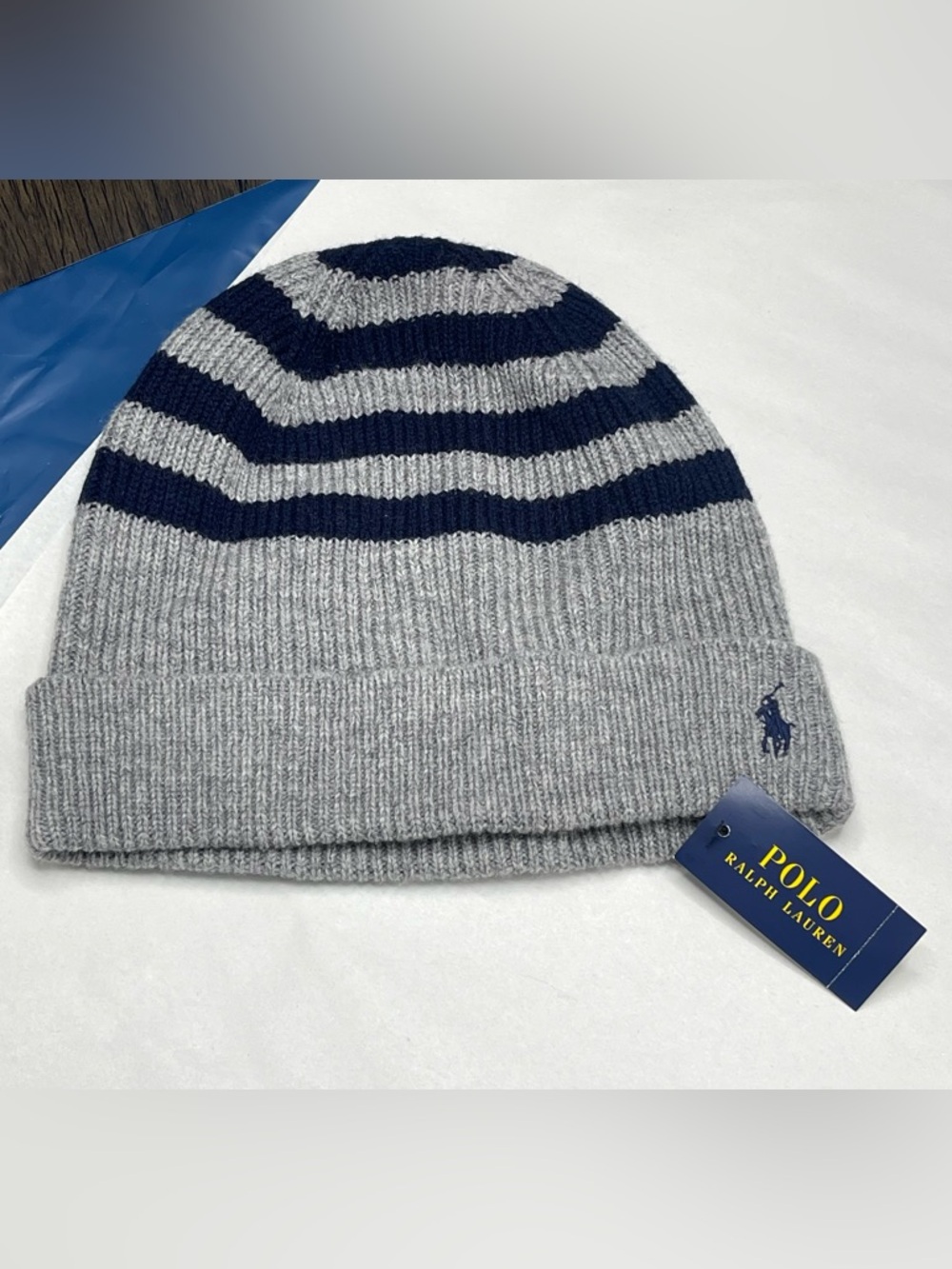 Polo Ralph Lauren Stripped Beanie Hat Grey Navy Blue OS Wool Cashmere Blend Mens